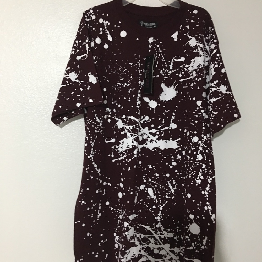 maroon shirt with white splats